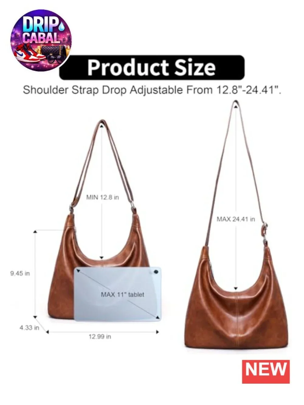 Vegan Leather Slouchy Hobo Shoulder Bag Tote with Adjustable Strap